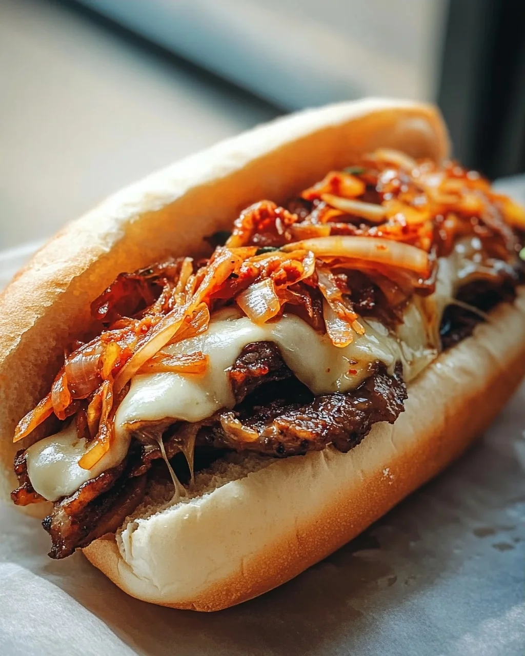 Bulgogi Cheesesteak auf dem Blech mit karamellisierten Zwiebeln