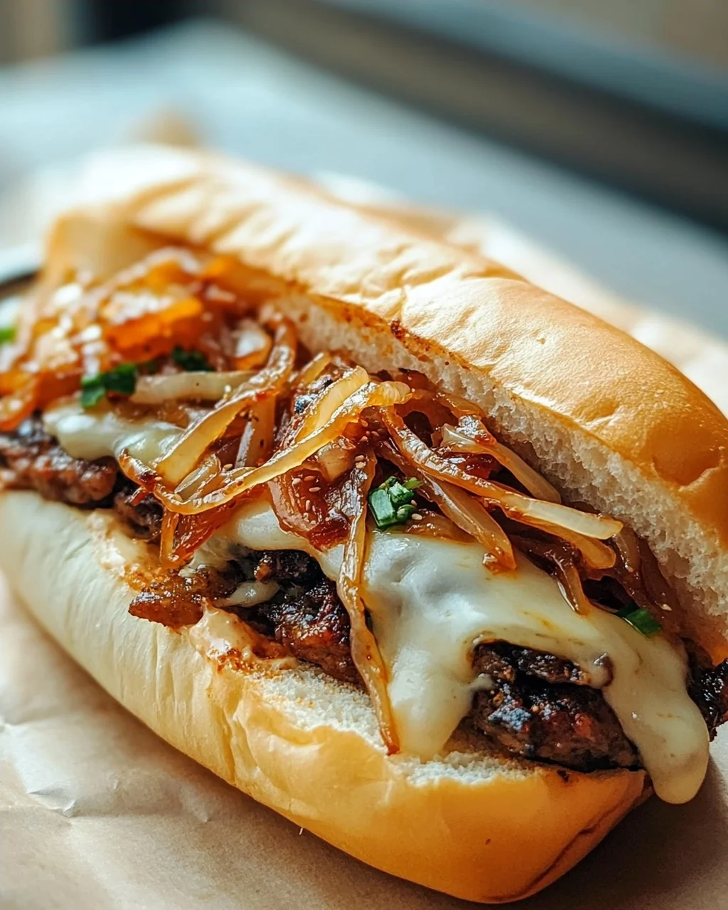Bulgogi Cheesesteak auf dem Blech mit karamellisierten Zwiebeln