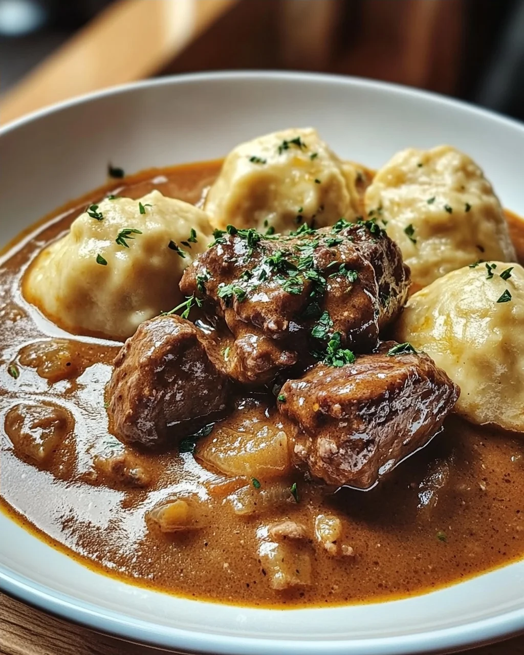 Butterzartes Rahmgulasch mit Serviettenknödel