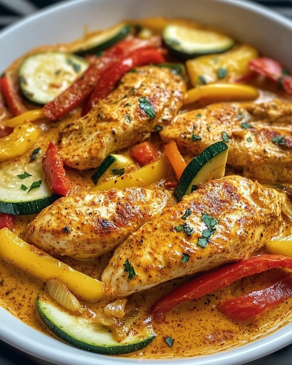 Cremiges Paprika Zucchini Hähnchen