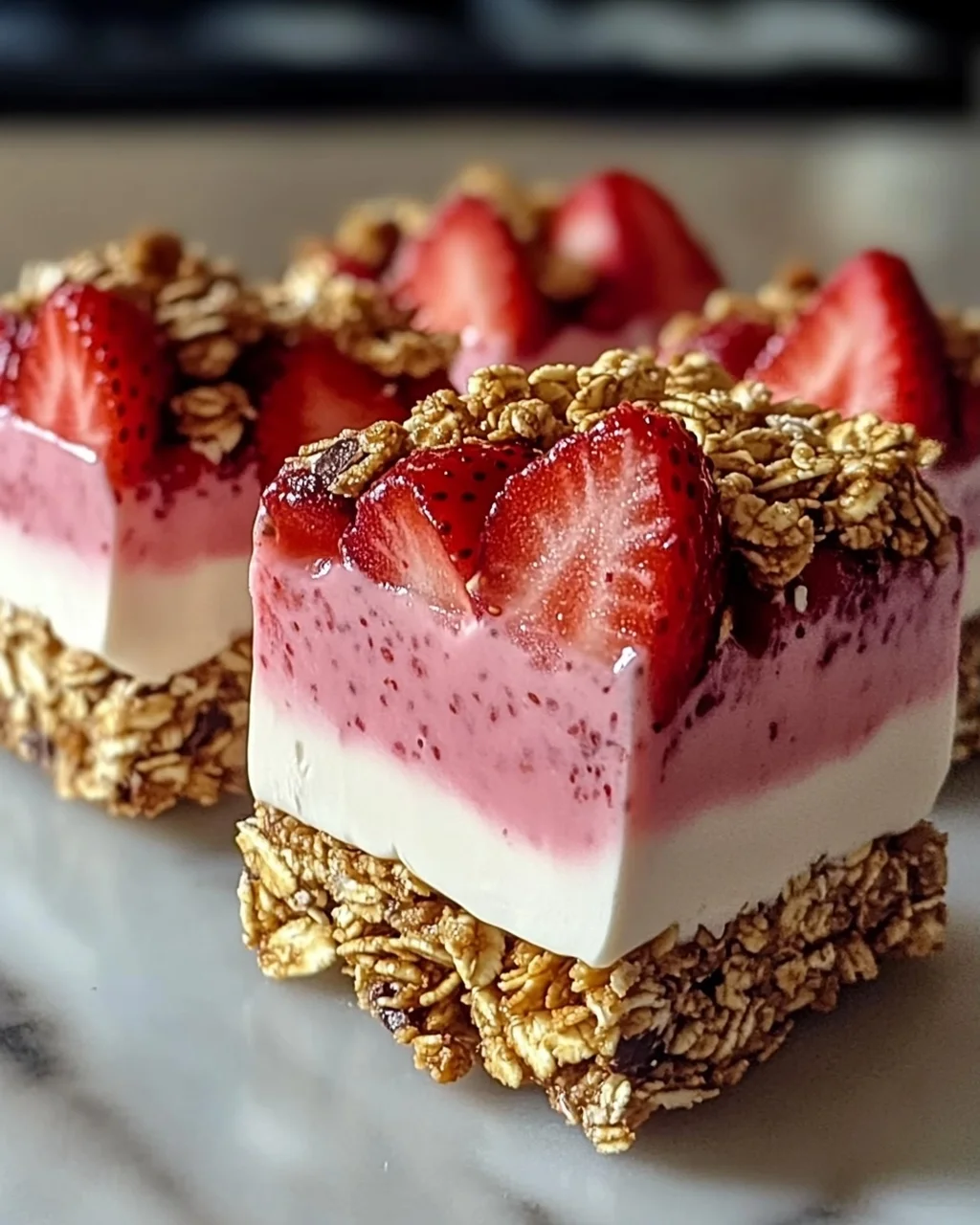 Erdbeerjoghurt-Riegel mit knusprigem Granola