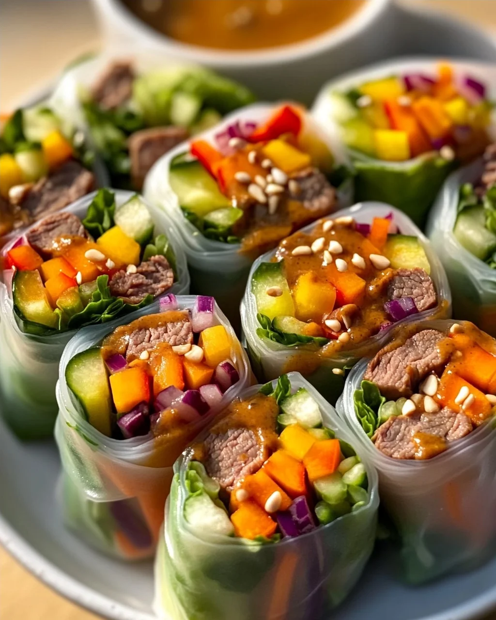 Frische Sommerrollen mit cremiger Erdnusssauce genießen