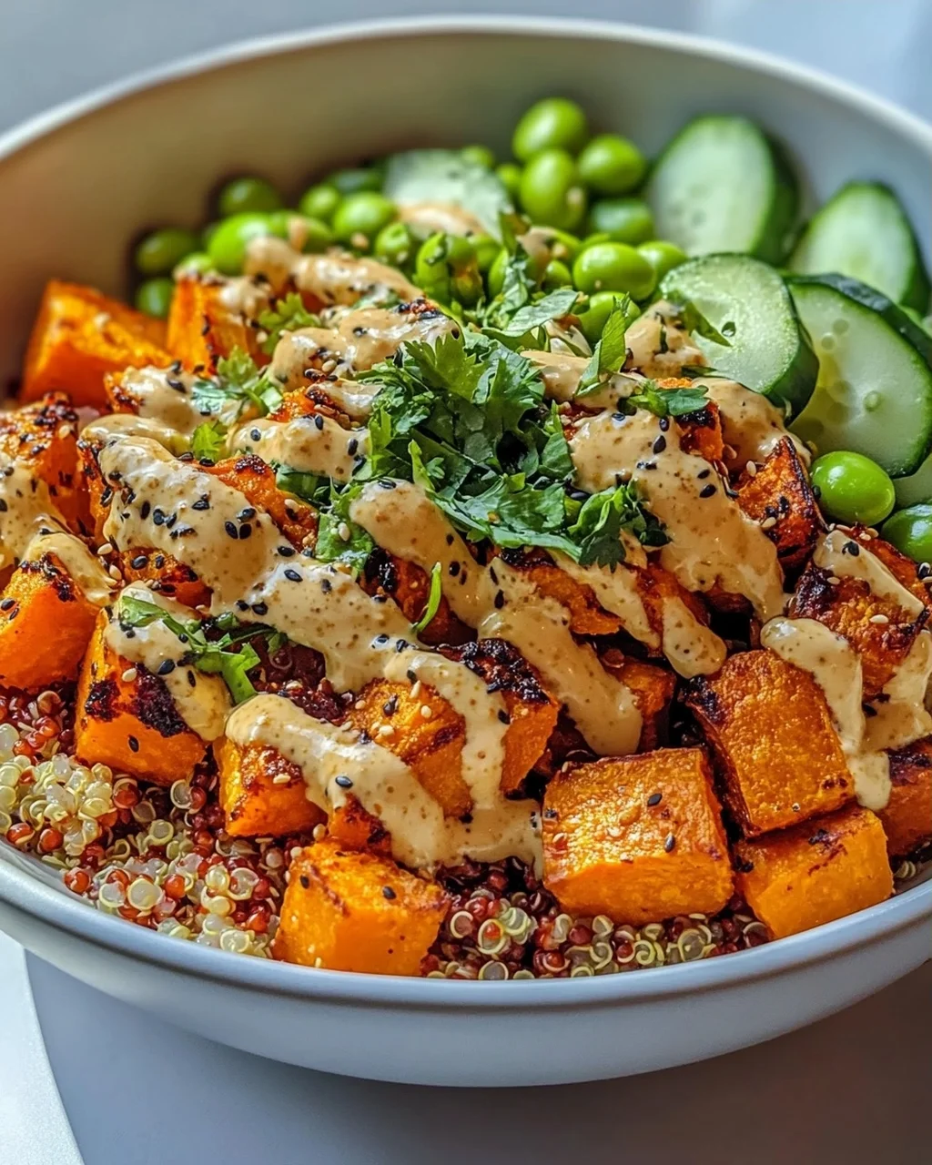 Gerösteter Süßkartoffel Quinoa Salat mit Sesam-Miso Sauce