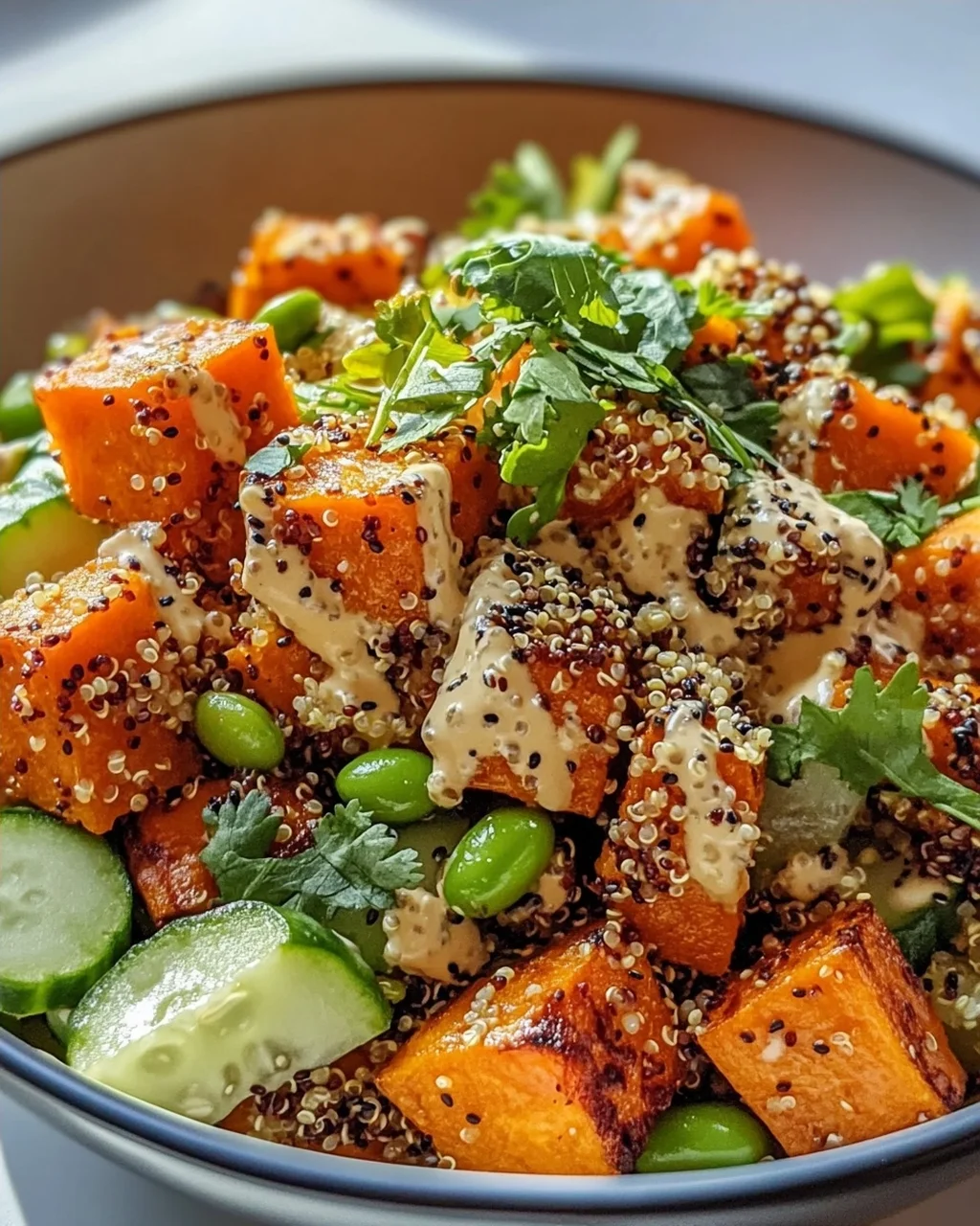Gerösteter Süßkartoffel Quinoa Salat mit Sesam-Miso Sauce