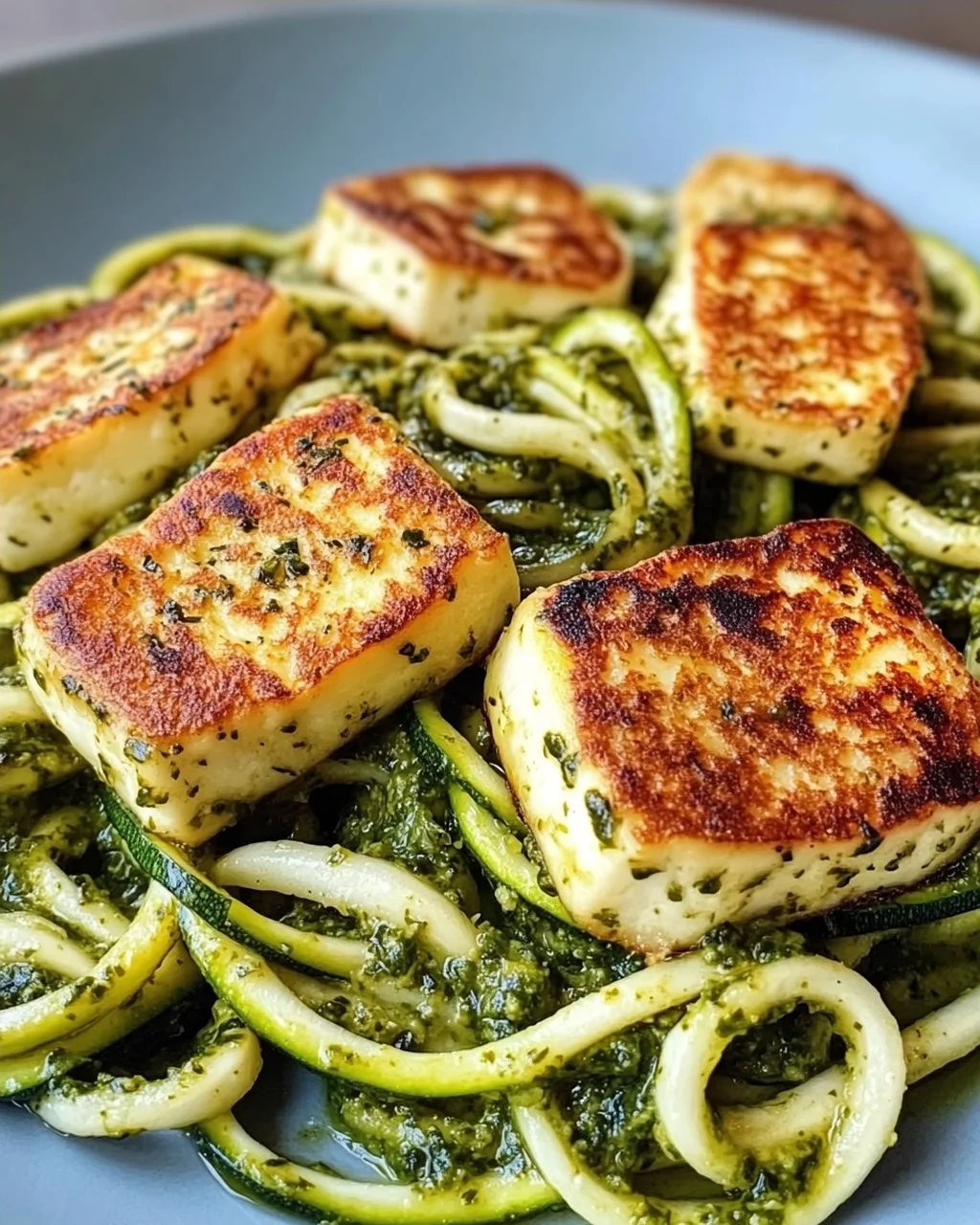 Halloumi mit Zucchini-Pesto-Nudeln
