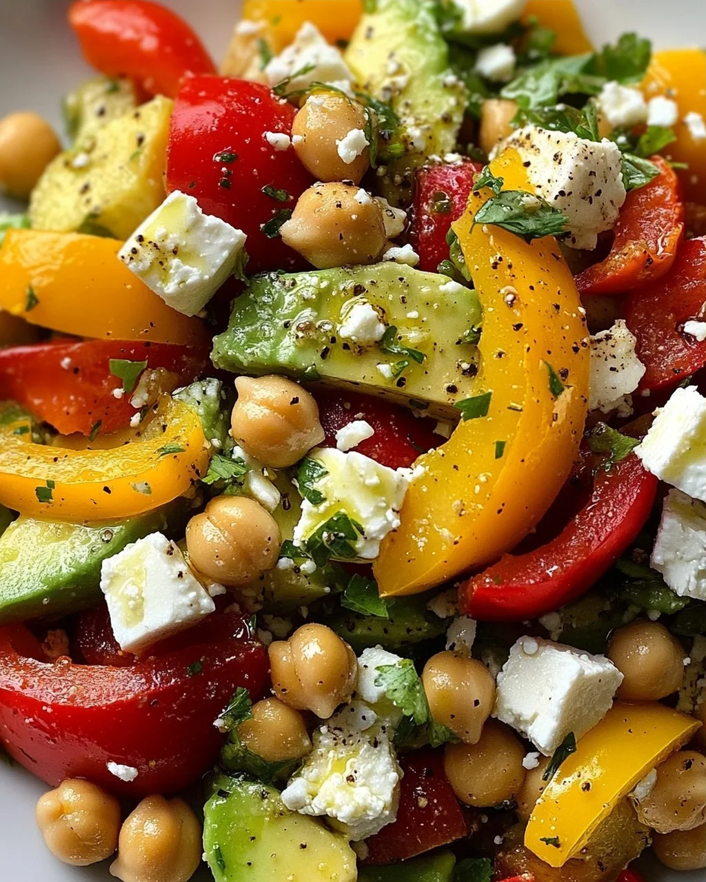 Kichererbsen-Feta-Avocado-Salat mit gerösteten Paprika