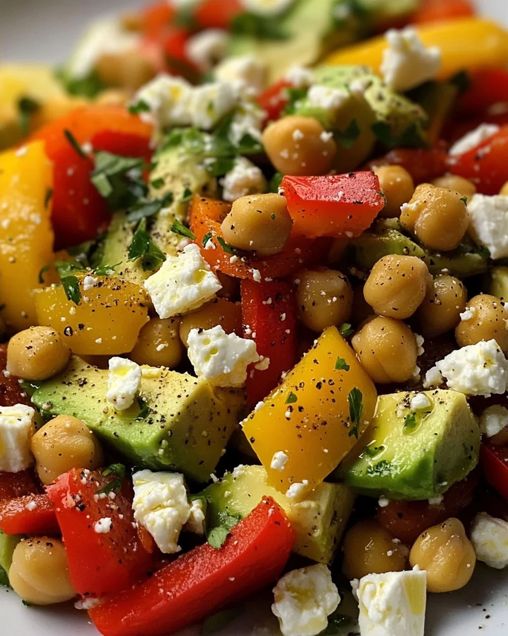 Kichererbsen-Feta-Avocado-Salat mit gerösteten Paprika