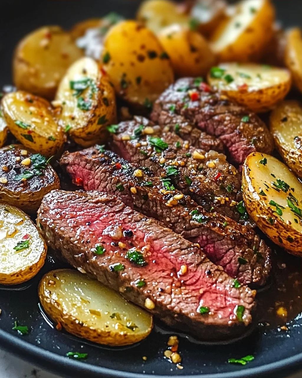 Knoblauchbutter Steak und Kartoffeln aus der Pfanne