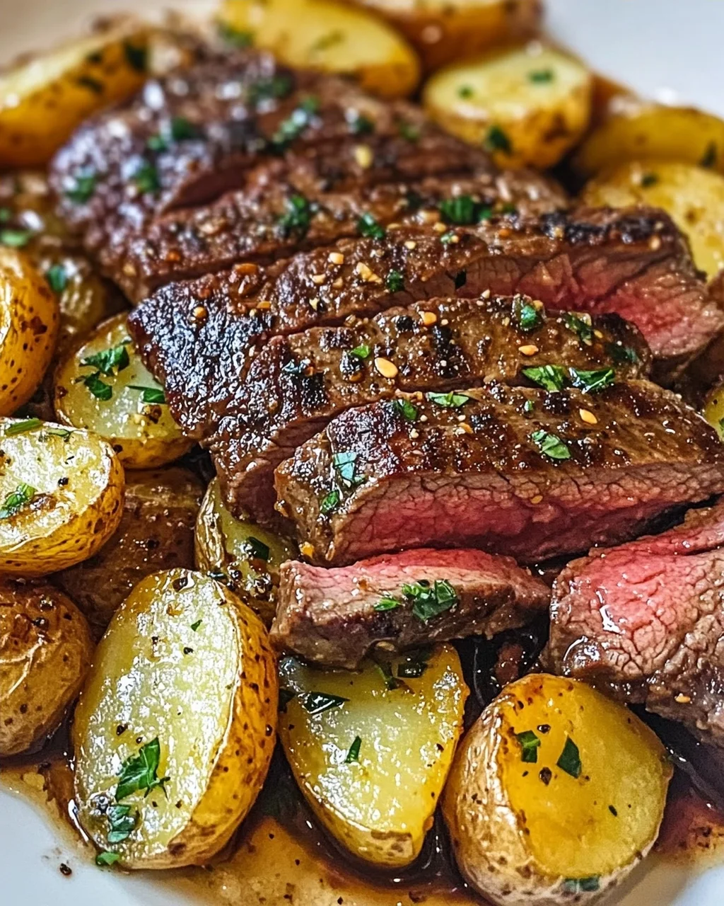 Knoblauchbutter Steak und Kartoffeln aus der Pfanne