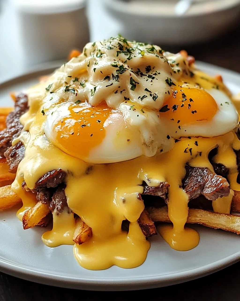 Köstliche Frühstücks Poutine mit cremiger Hollandaise.