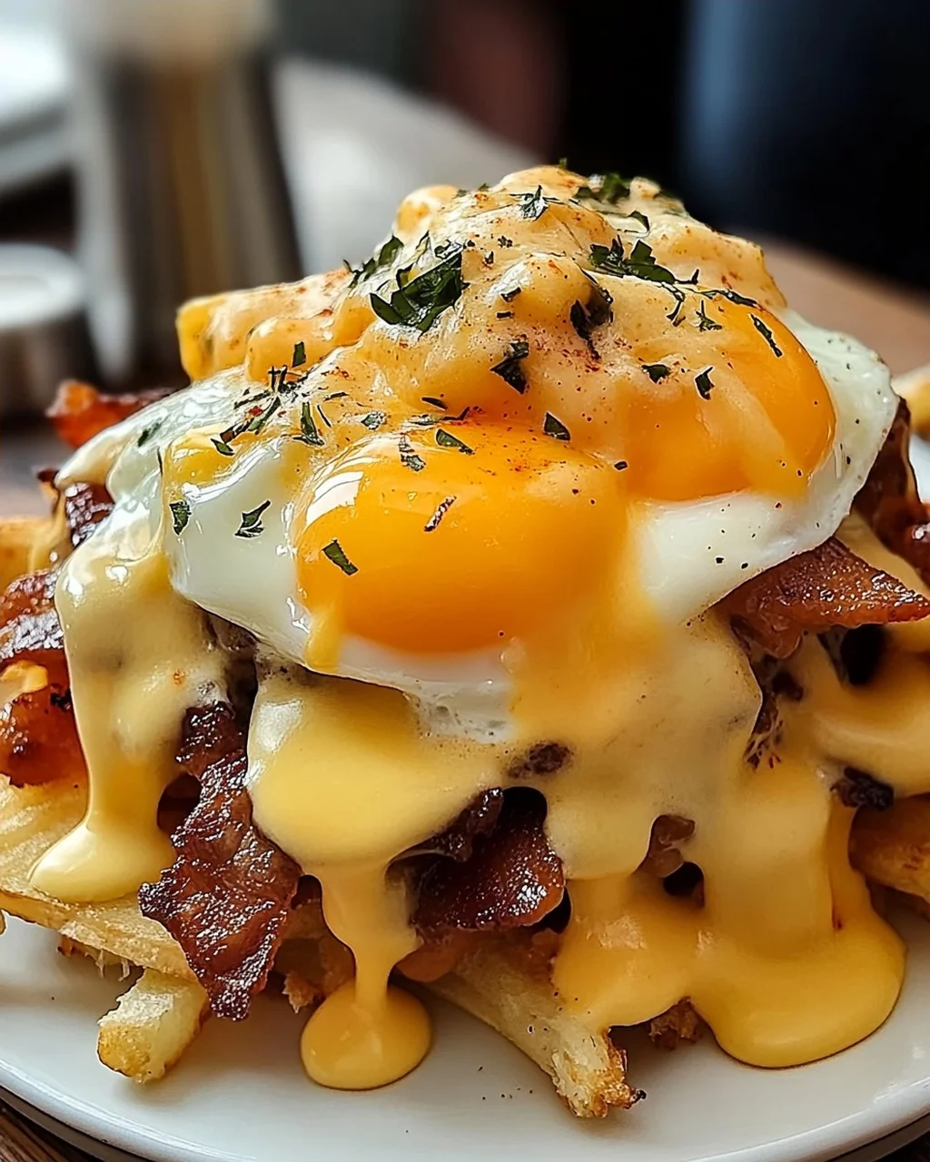Köstliche Frühstücks Poutine mit cremiger Hollandaise.