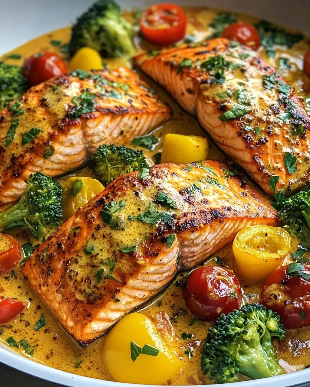 Köstlicher One Pan Kokos-Curry Lachs mit Knoblauchbutter