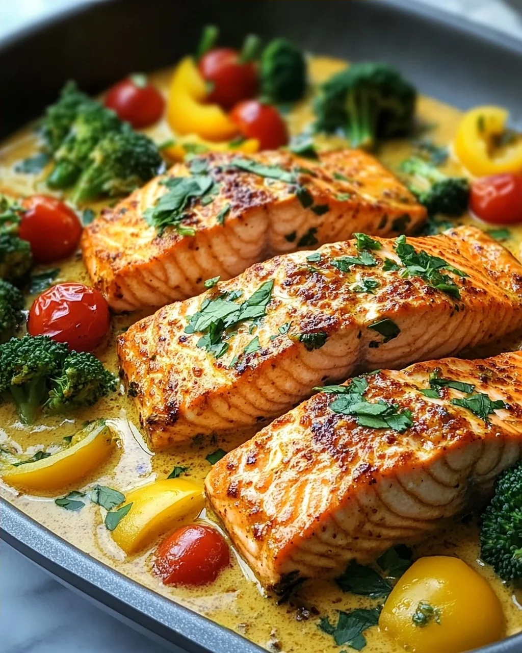 Köstlicher One Pan Kokos-Curry Lachs mit Knoblauchbutter