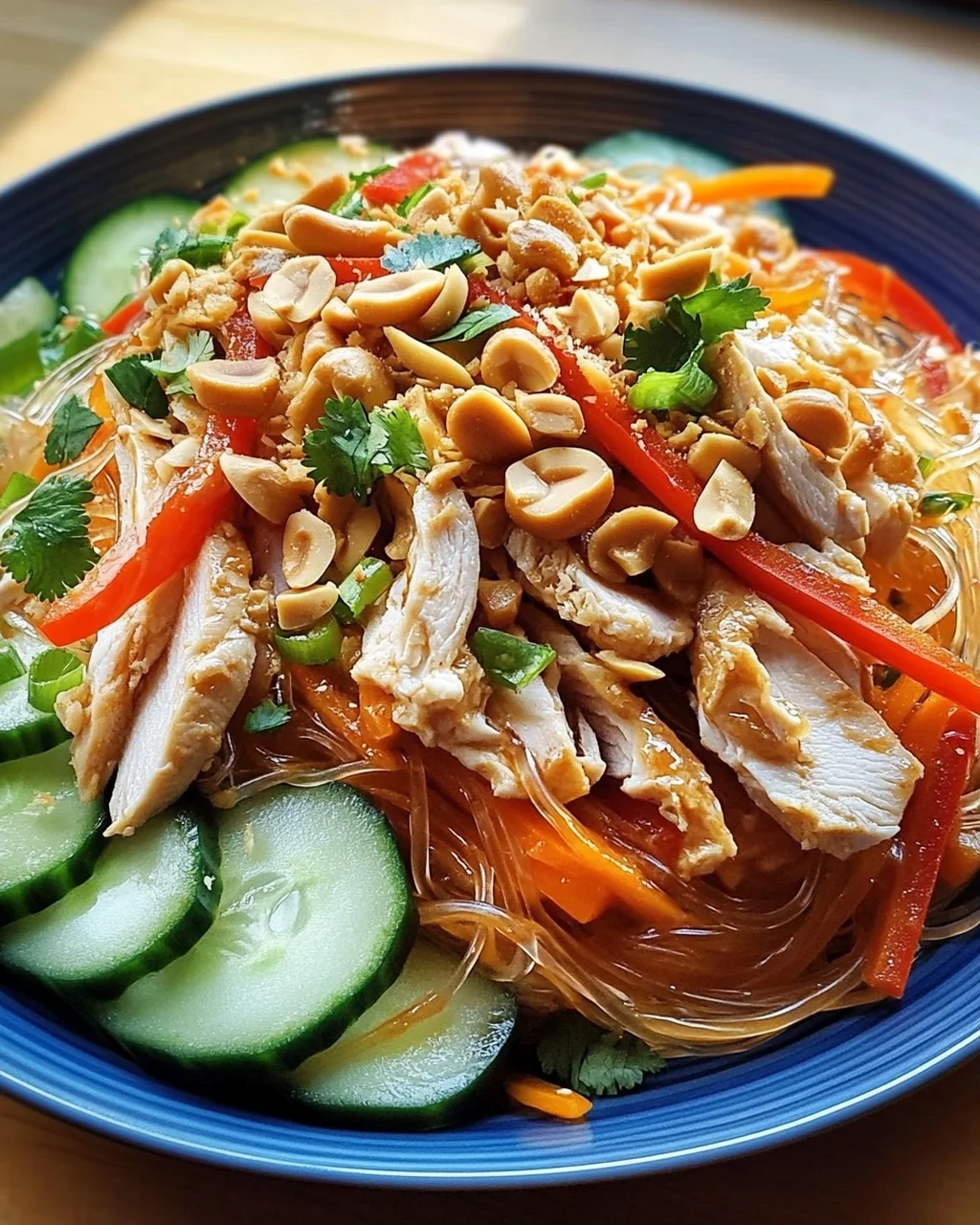 Lauwarmer Glasnudelsalat mit Erdnusshähnchen
