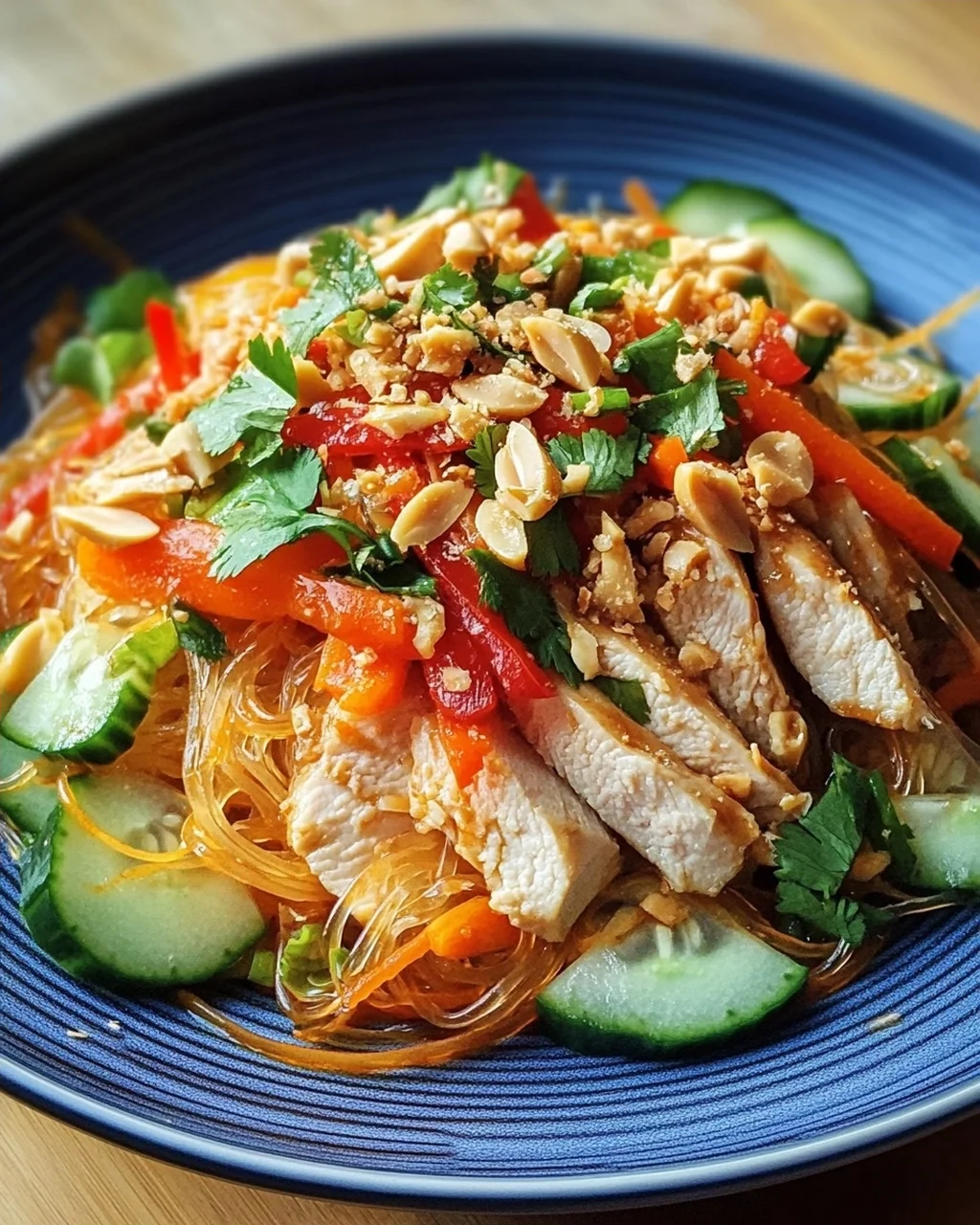 Lauwarmer Glasnudelsalat mit Erdnusshähnchen