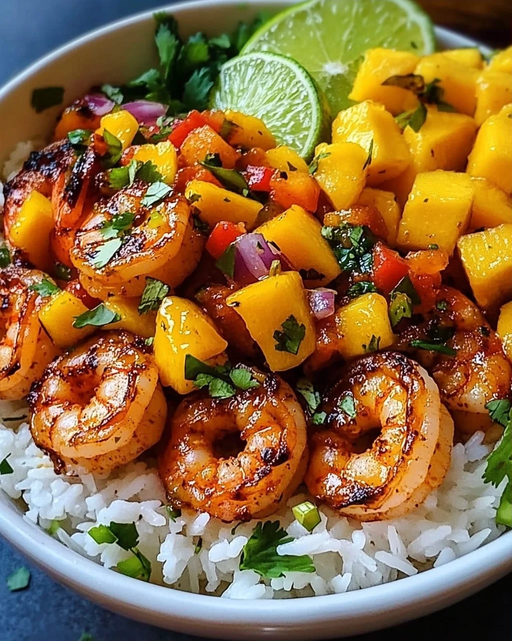 Pikante Garnelen und Mango Salsa Reisbowl