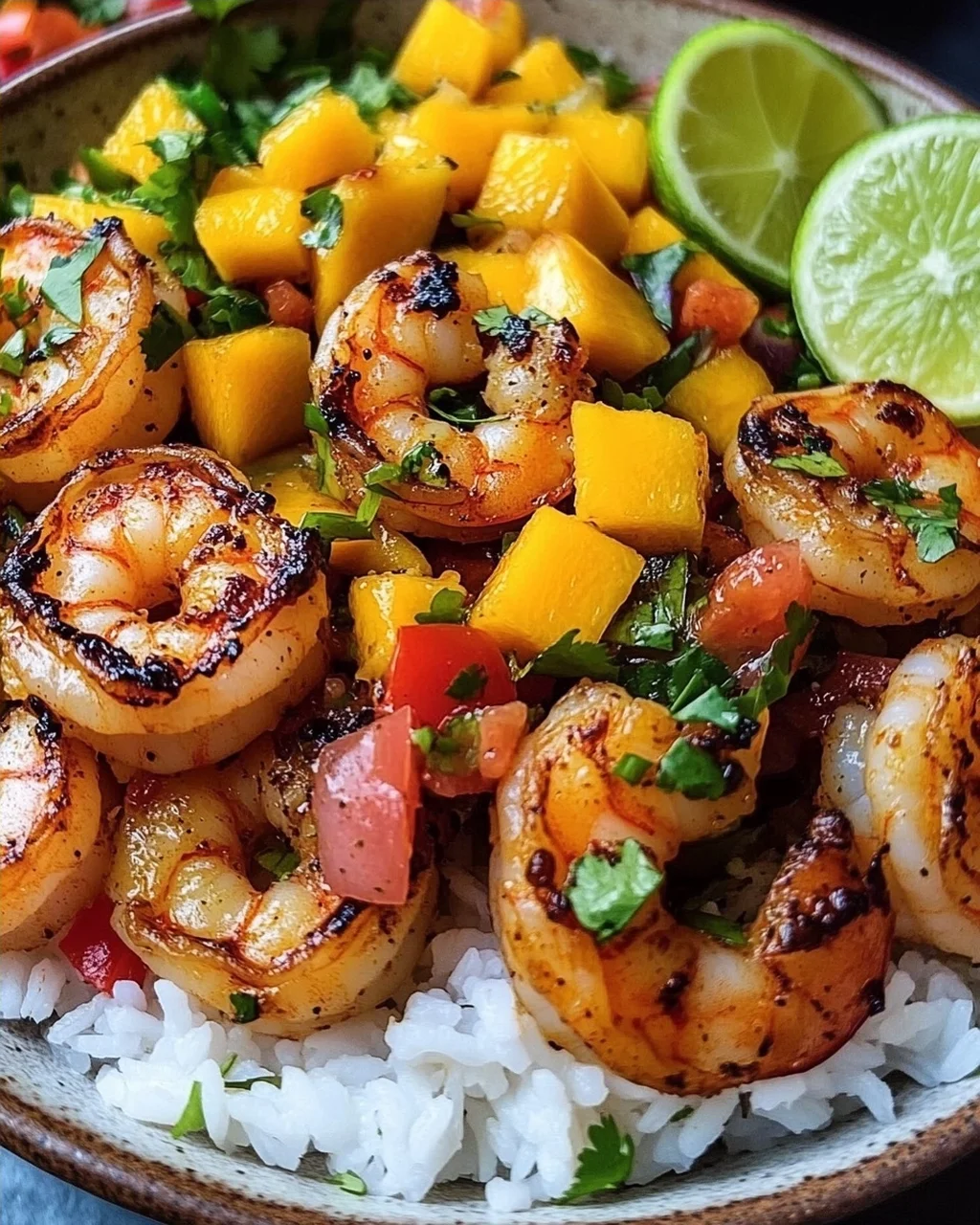 Pikante Garnelen und Mango Salsa Reisbowl
