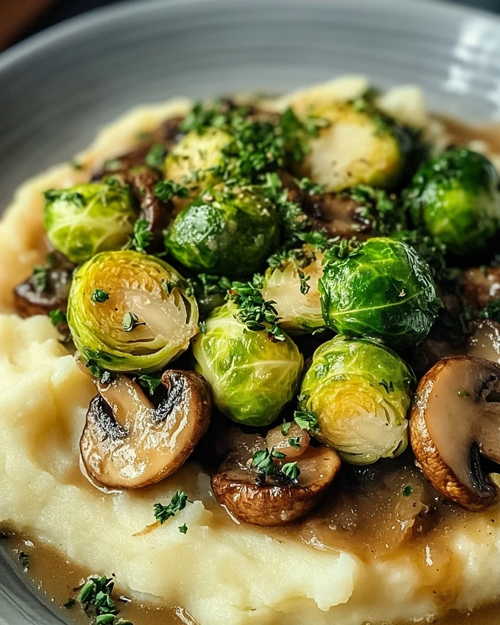 Pilzpfanne mit Rosenkohl und Kartoffelpüree
