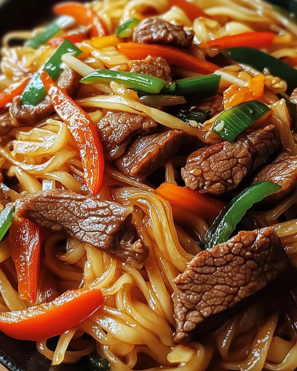 Reisnudeln mit Rindfleisch, Sojasauce und Gemüse