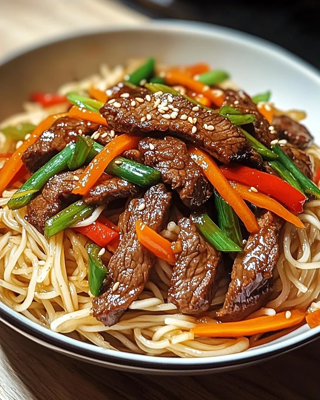 Reisnudeln mit Rindfleisch, Sojasauce und Gemüse