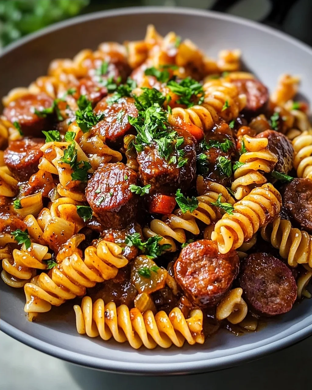 Scharfe Honig BBQ Wurst Pasta aus einer Pfanne – Schnell & Lecker!