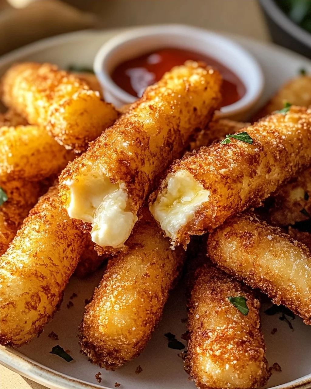 Schmelzender Goldener Heißluftfrittierter Mozzarella Traum