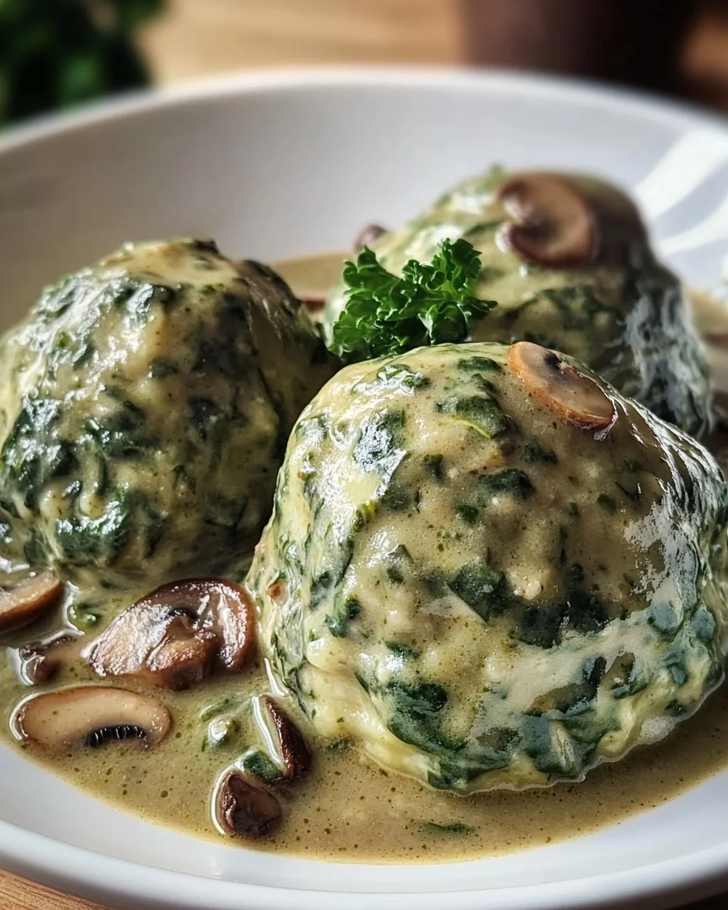 Südtiroler Spinatknödel mit Pilzrahm