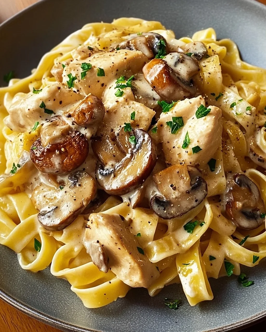 Tagliatelle mit Pilzen und Huhn in Sahnesosse