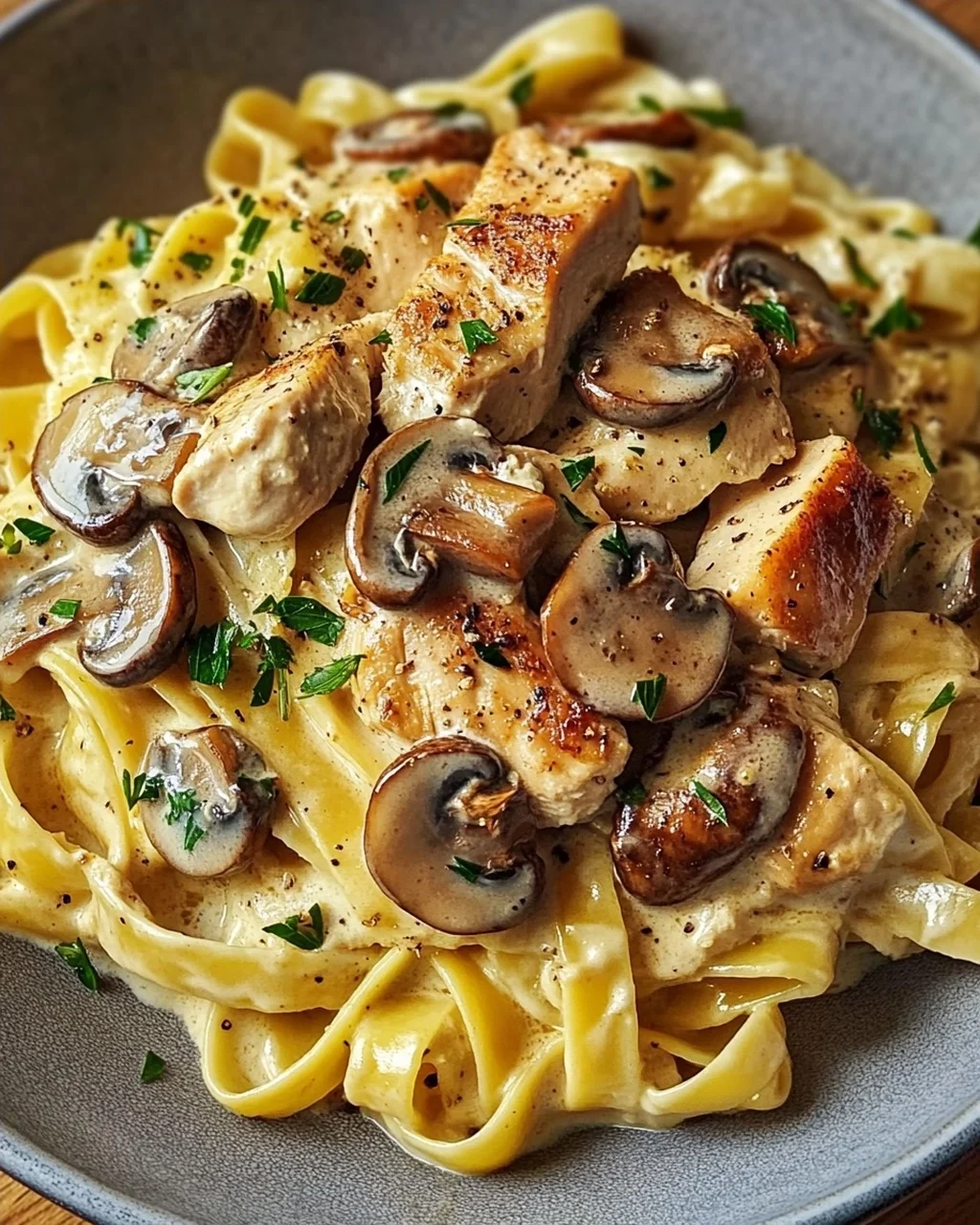 Tagliatelle mit Pilzen und Huhn in Sahnesosse