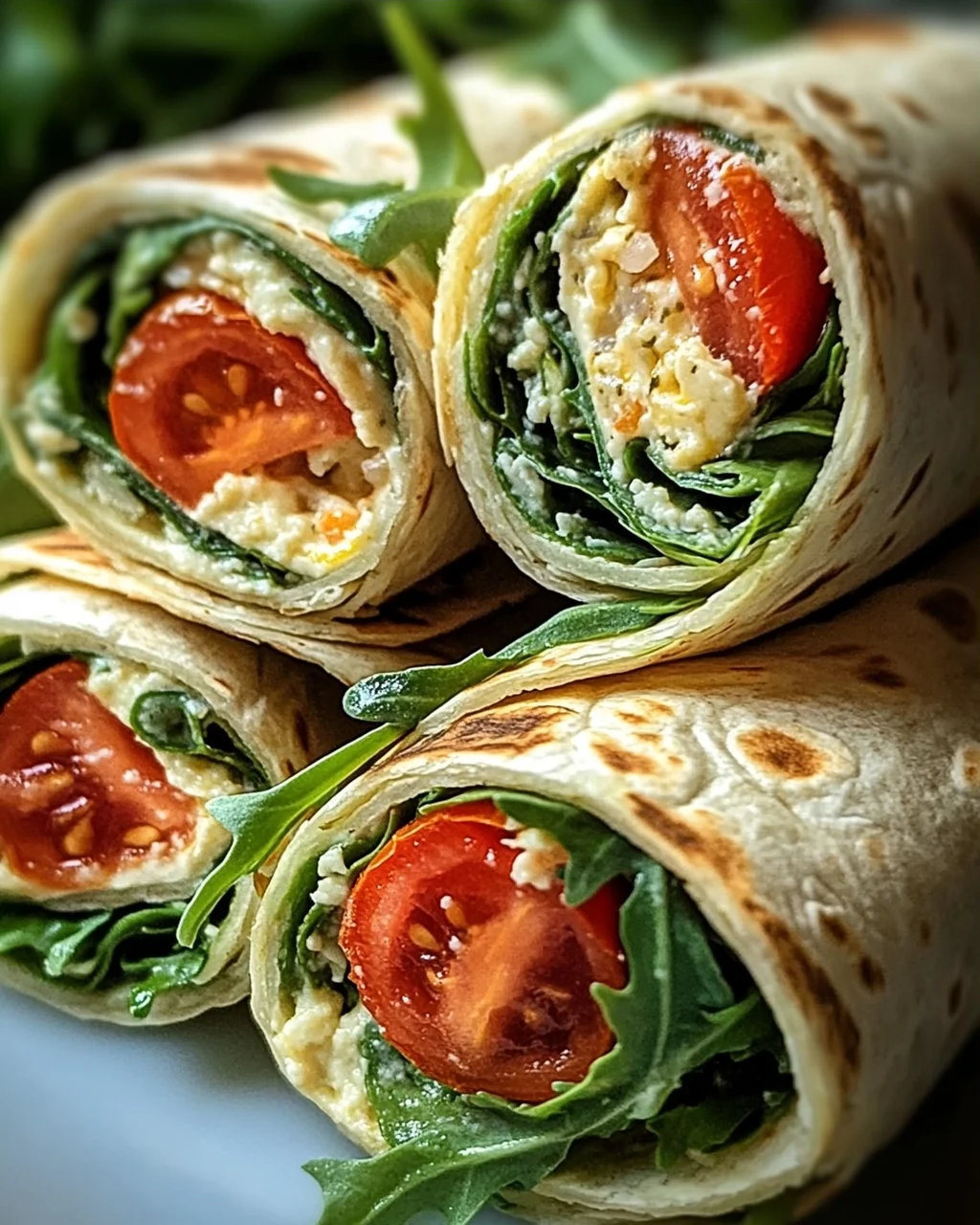 Vegetarische Wrap-Röllchen mit Rucola und Tomaten