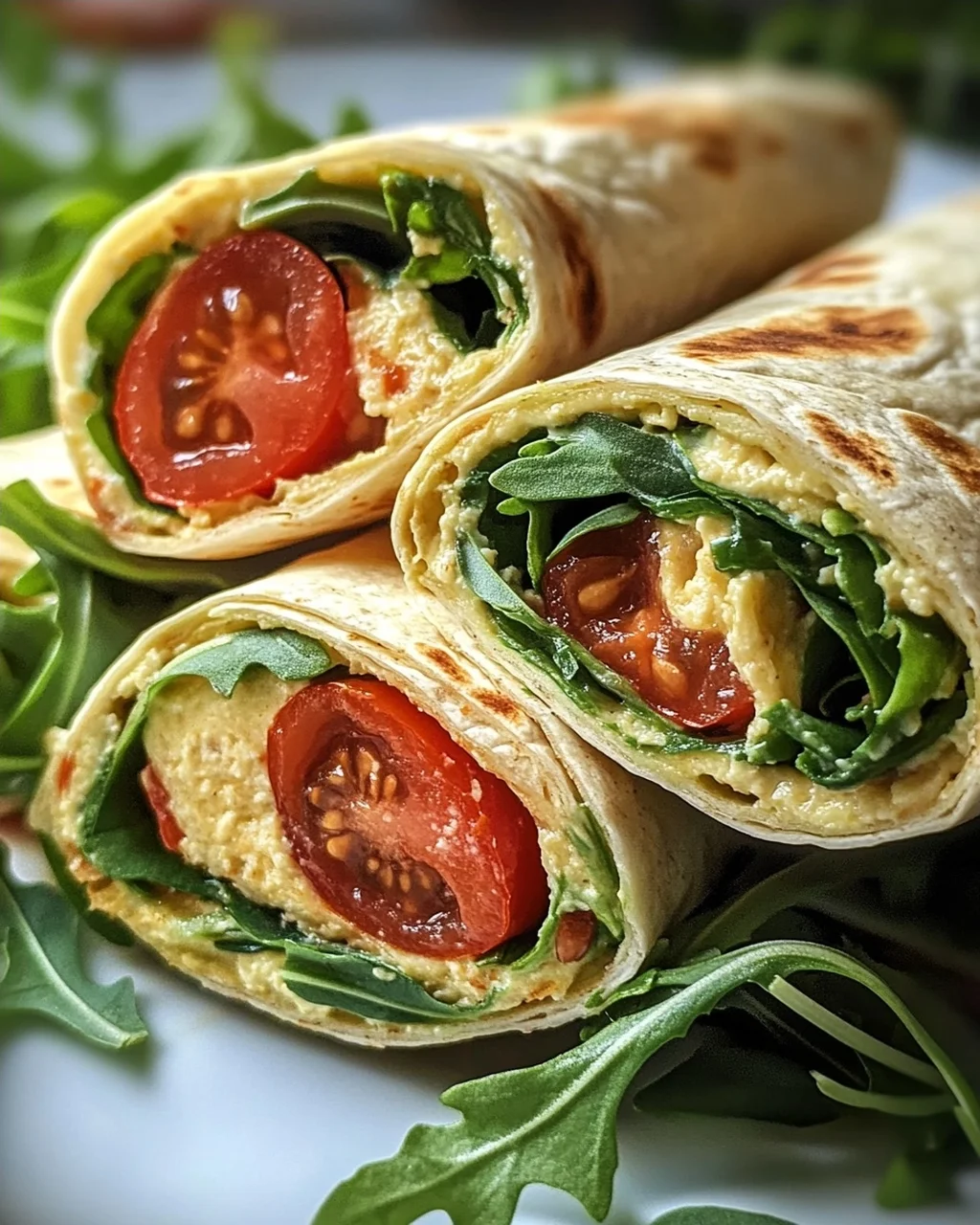 Vegetarische Wrap-Röllchen mit Rucola und Tomaten