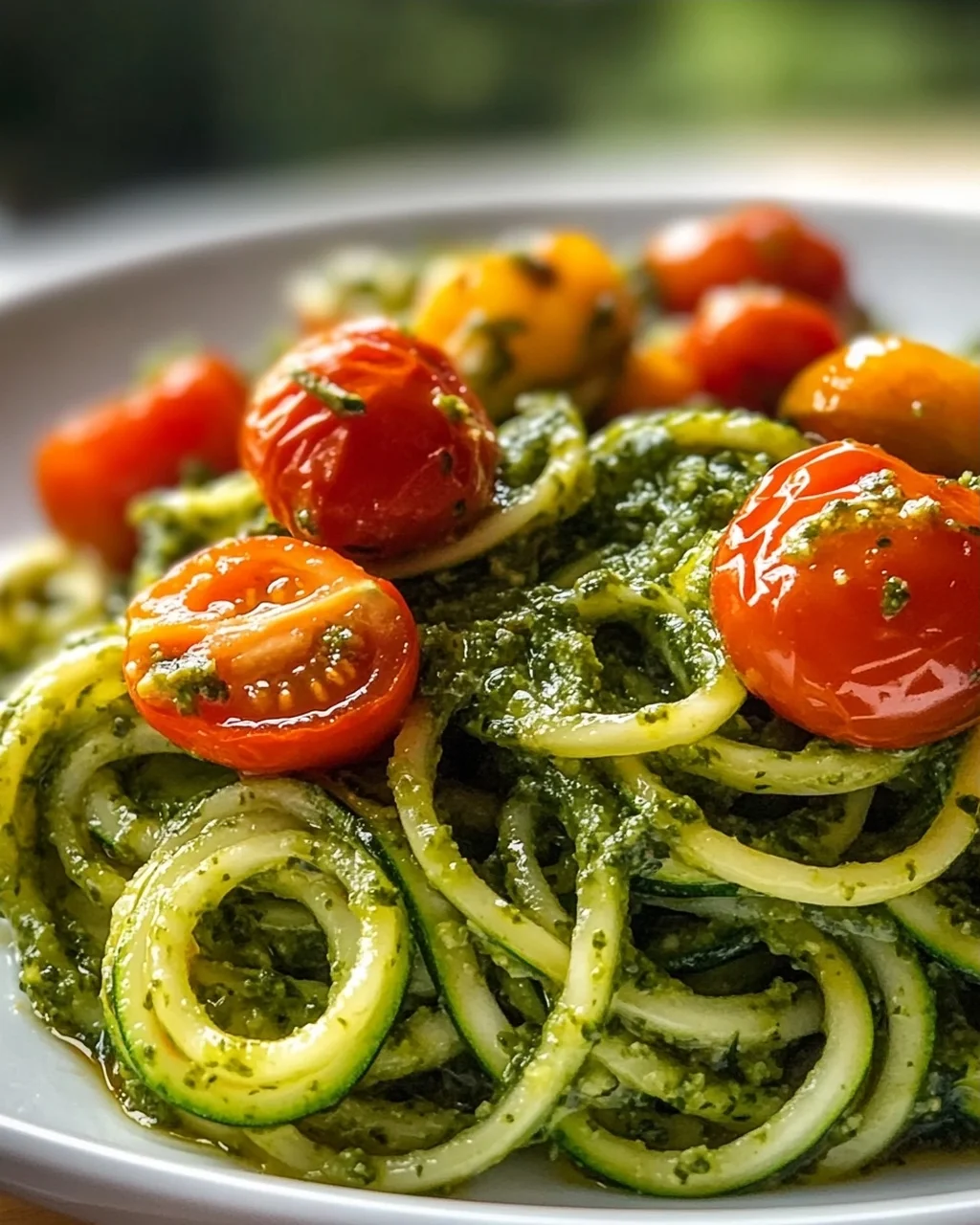 Zucchini Spaghetti mit Pesto & süßen Kirschtomaten – leicht & lecker!