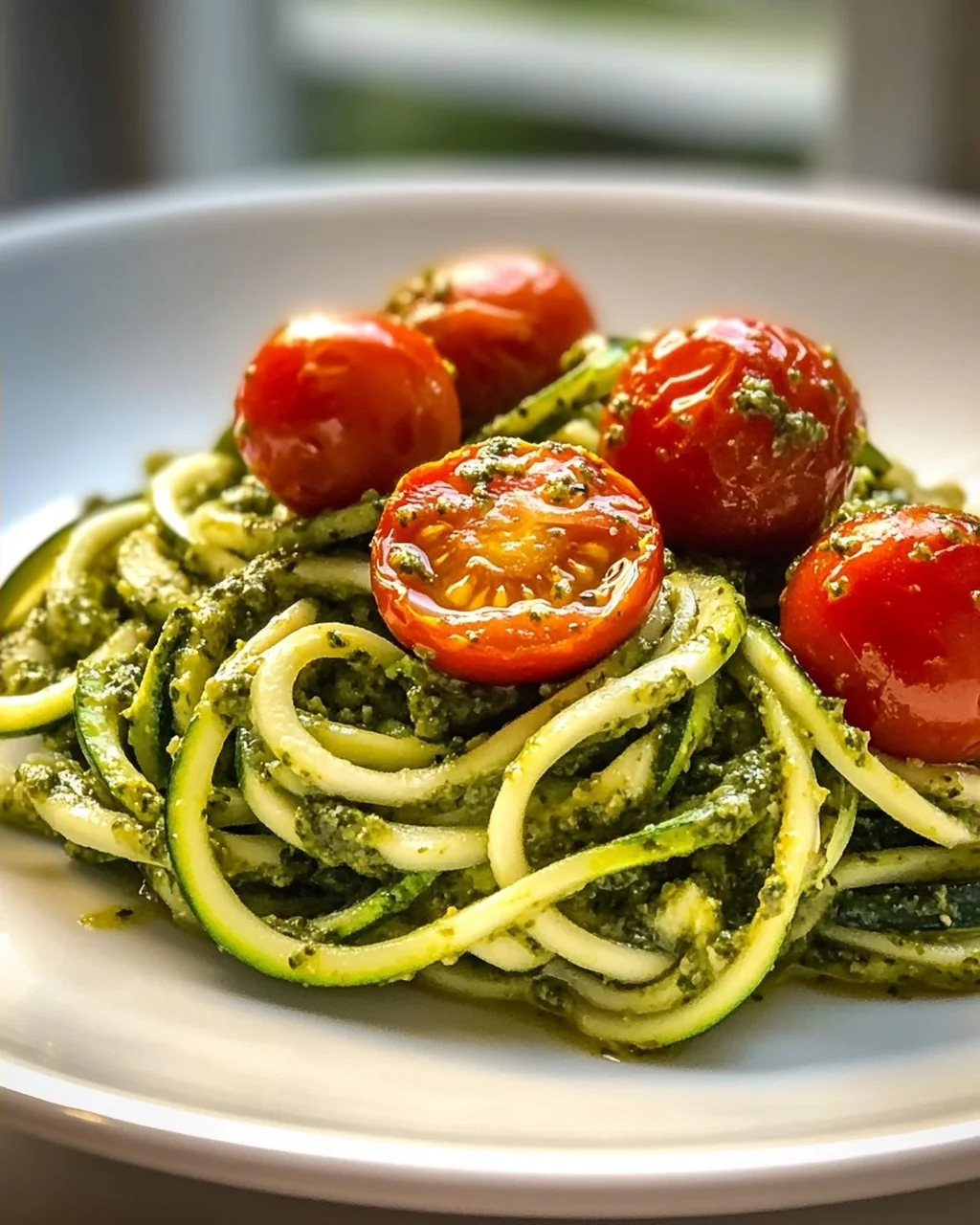 Zucchini Spaghetti mit Pesto & süßen Kirschtomaten – leicht & lecker!